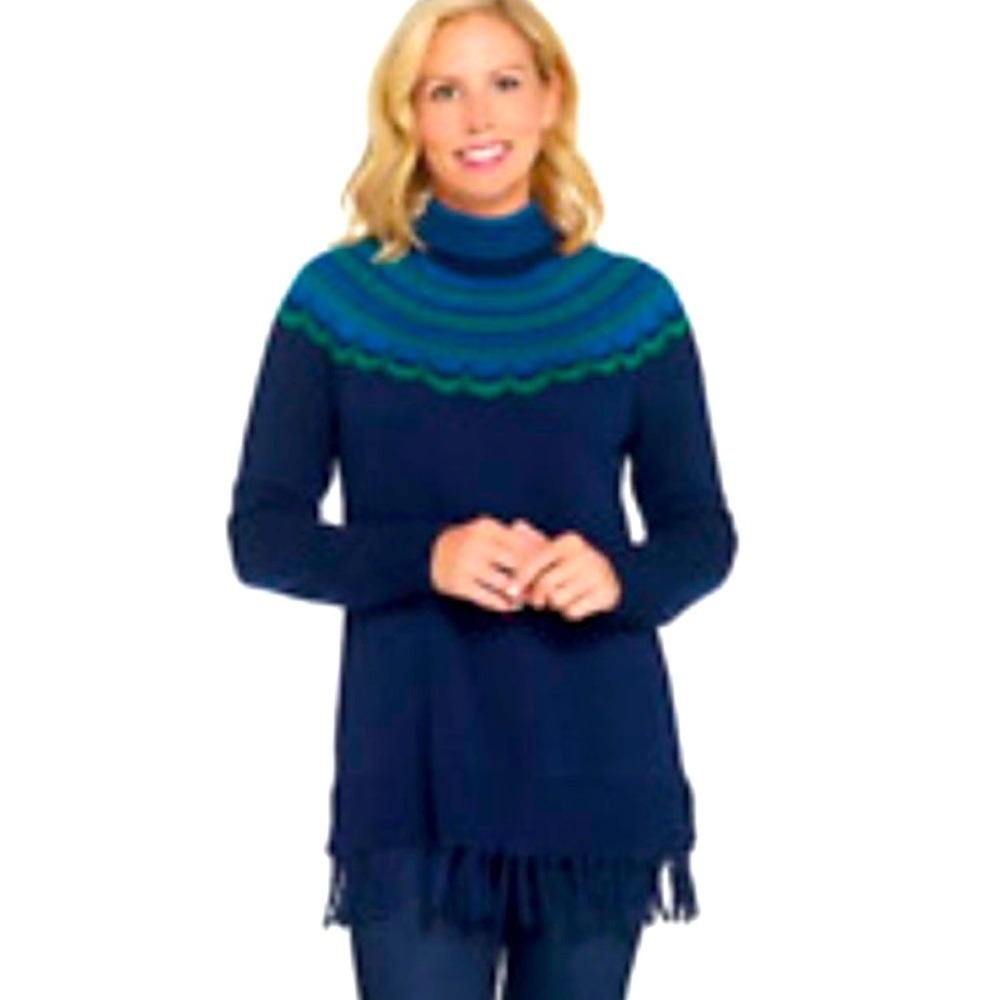 Isaac Mizrahi Live Womens Navy Fair Isle Fringe Hem Mock Neck Tunic Sweater Sz M - Picture 3 of 6